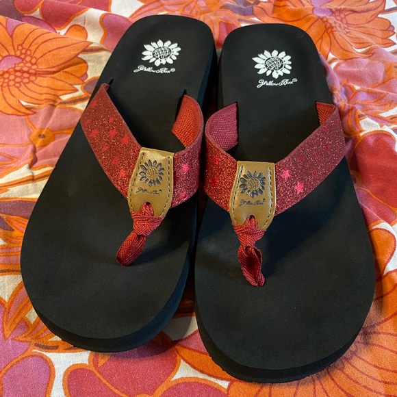 yellow box glitter flip flops